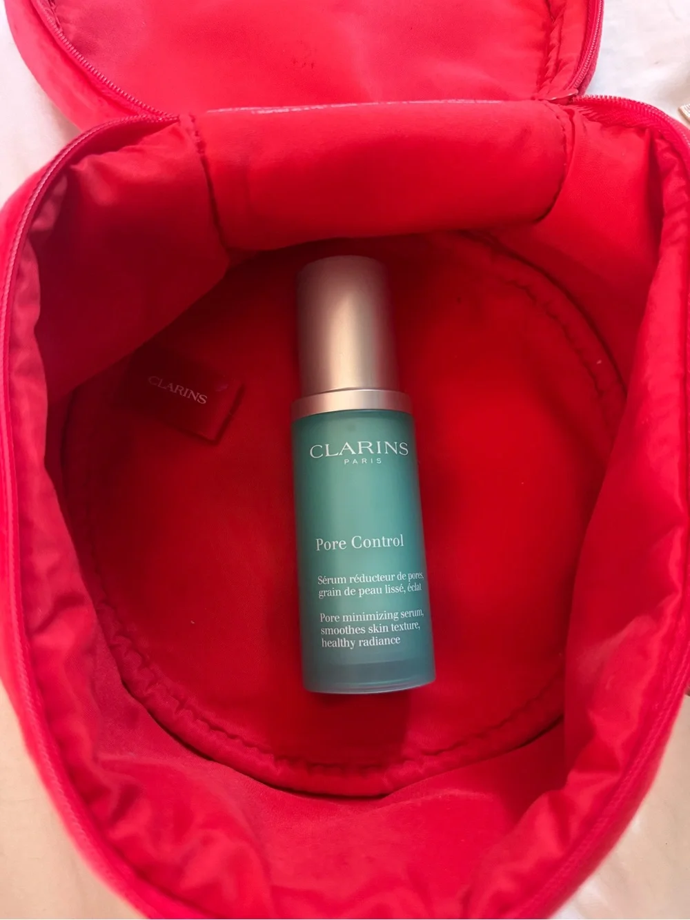 Clarins Skincare 7pc Set in red velvet travel bag NWOT